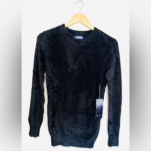 Sf SnowFlake Black Fuzzy Sweater Women’s Sz L Slim Long Sleeve